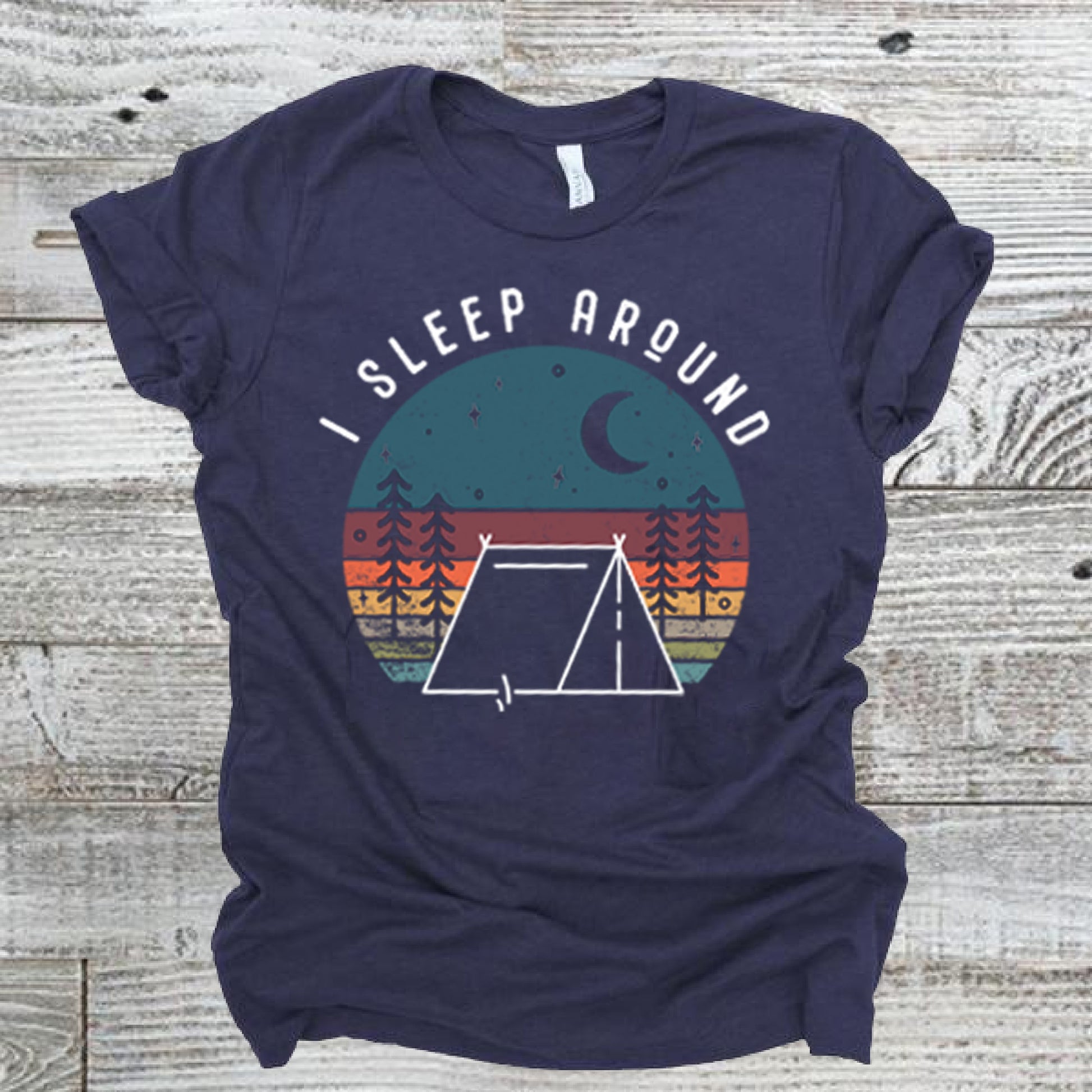 I sleep around camping mountain sunset short sleeve heather navy tshirt
