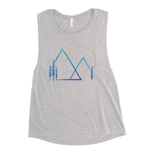 Colorful mountain sunset muscle tank heather grey