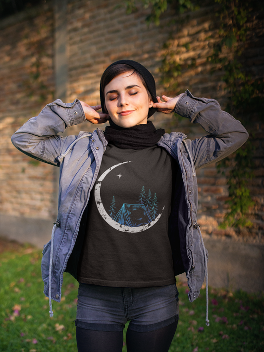 Woman wearing camping under the. moon tshirt in heather black