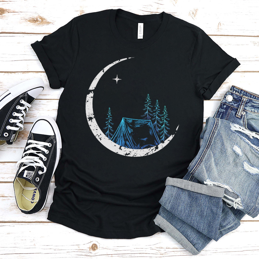 Camping under the moon short sleeve black tee shirt