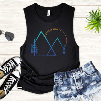 Colorful mountain sunset muscle tank black