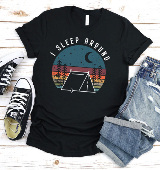 I sleep around camping mountain sunset short sleeve black tshirt