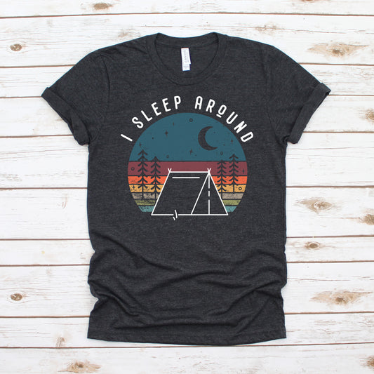 I sleep around camping mountain sunset short sleeve heather grey tshirt